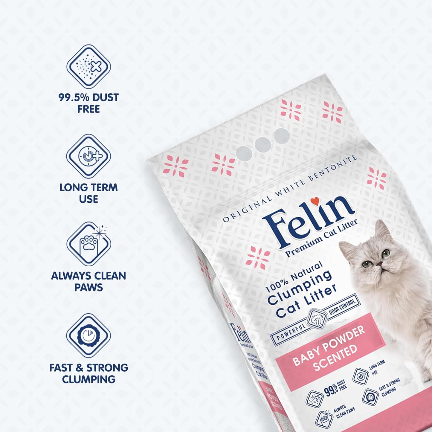 Felin Cat Litter Clumping 100% Natural Bentonite, Clumping 99.5% Dust Free, Forever Fresh, Pet-Friendly, Fighting with Odors Baby Powder Scented (10 L)