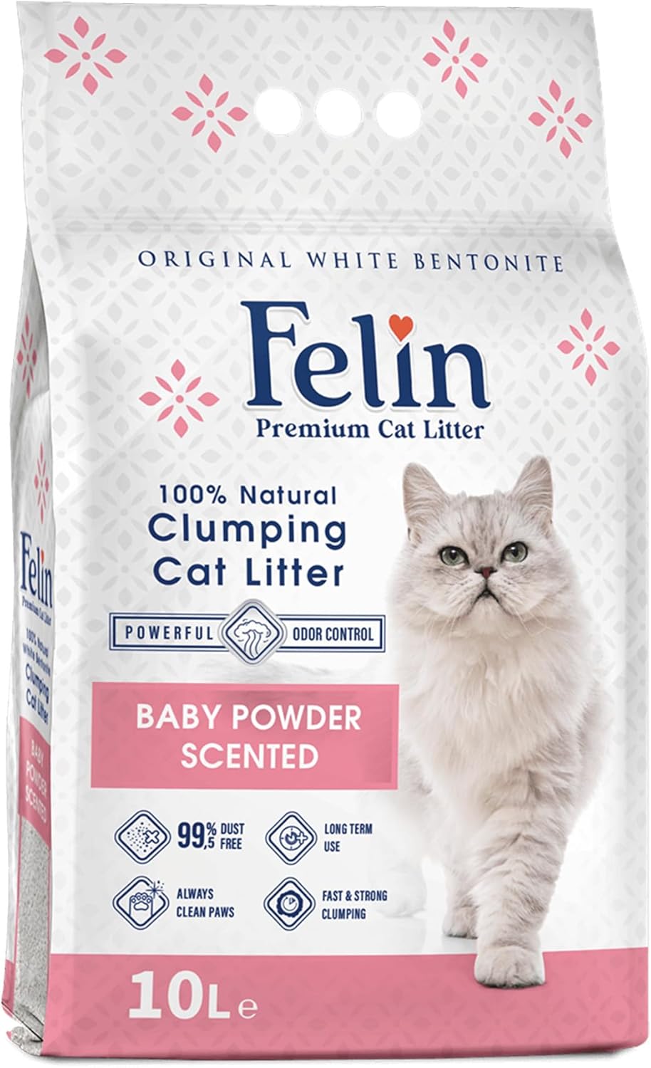 Felin Cat Litter Clumping 100% Natural Bentonite, Clumping 99.5% Dust Free, Forever Fresh, Pet-Friendly, Fighting with Odors Baby Powder Scented (10 L)