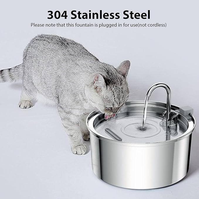 Cat Water Fountain, 3.2L/108oz Automatic Stainless Steel Pet Fountain Dog Water Dispenser, Ultra-Quiet Pump and 3 Replacement Filters & for Cats, Dogs, Multiple Pets