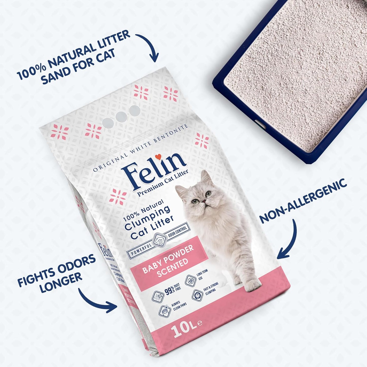Felin Cat Litter Clumping 100% Natural Bentonite, Clumping 99.5% Dust Free, Forever Fresh, Pet-Friendly, Fighting with Odors Baby Powder Scented (10 L)