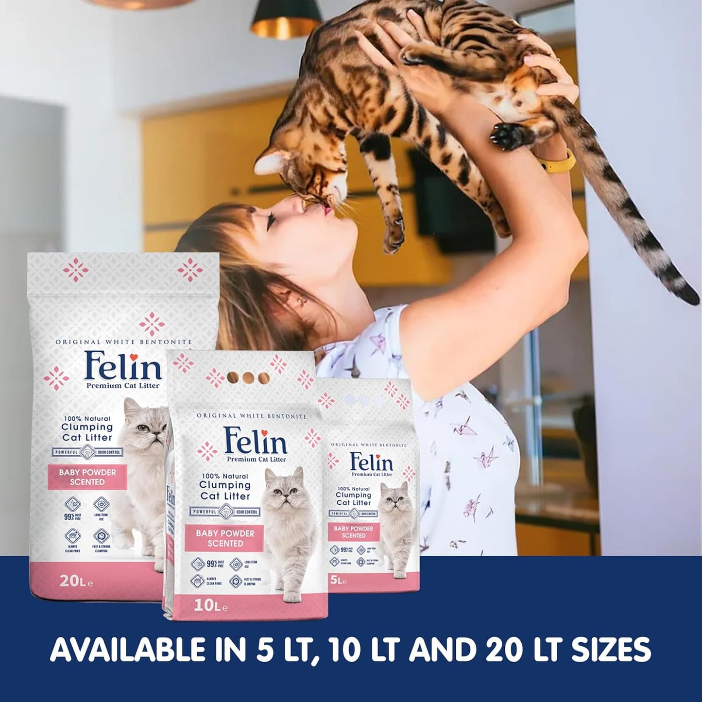 Felin Cat Litter Clumping 100% Natural Bentonite, Clumping 99.5% Dust Free, Forever Fresh, Pet-Friendly, Fighting with Odors Baby Powder Scented (10 L)