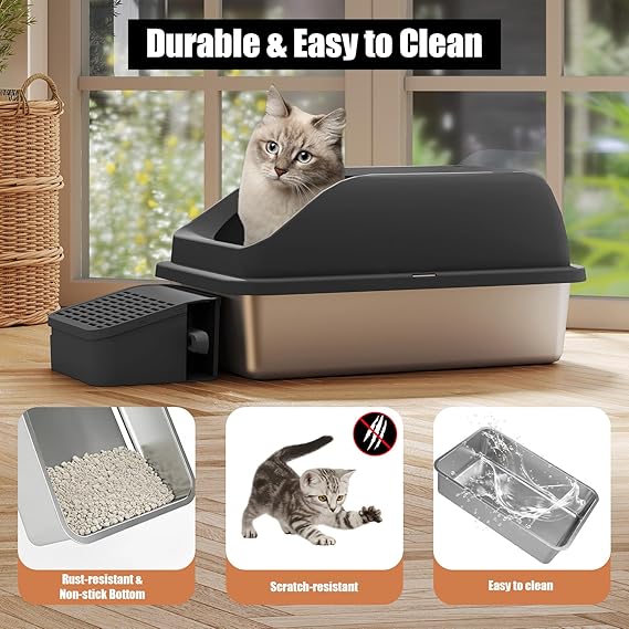 Semi-closed stainless steel litter box with step