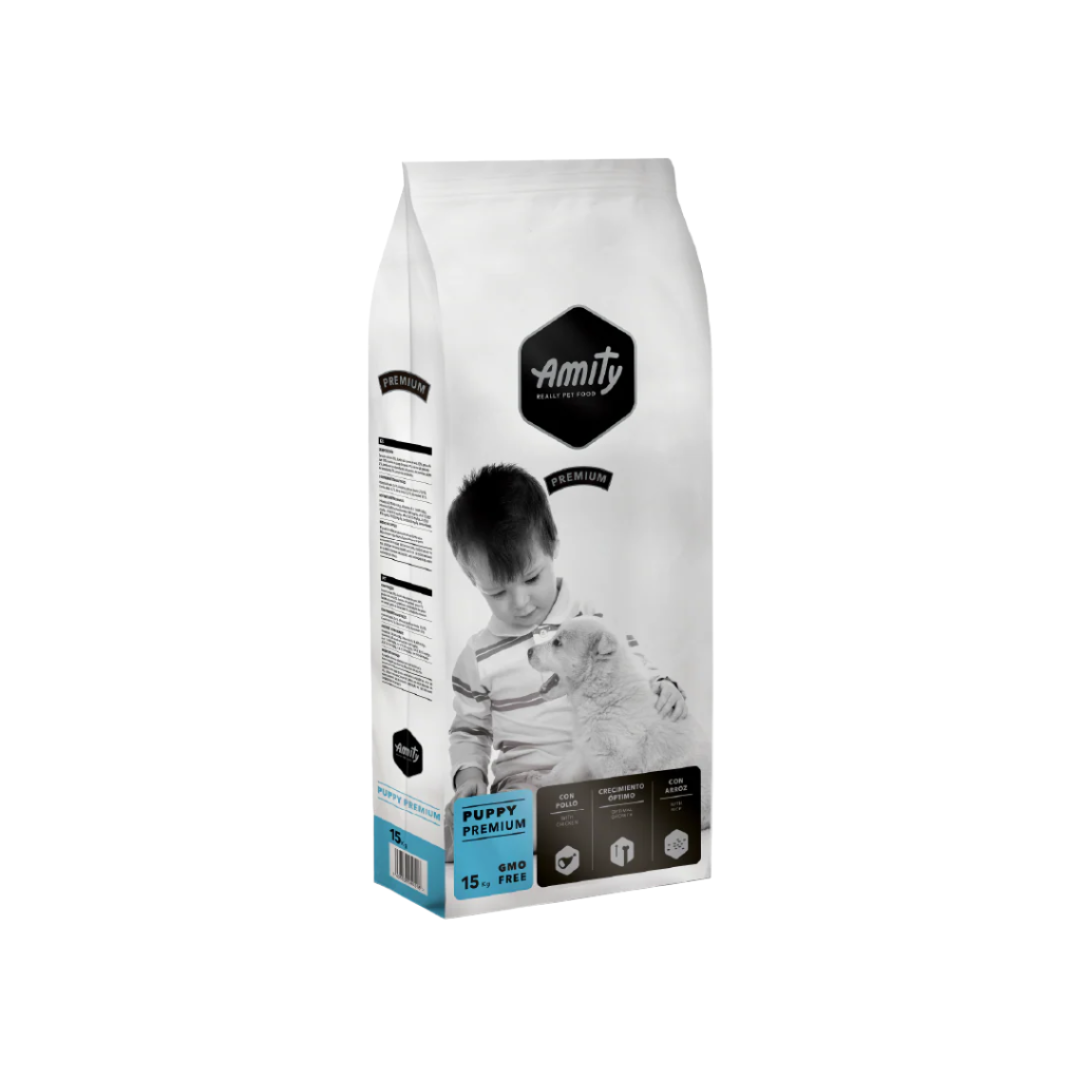 Amity pet food packaging with a child and dog illustration on a white background