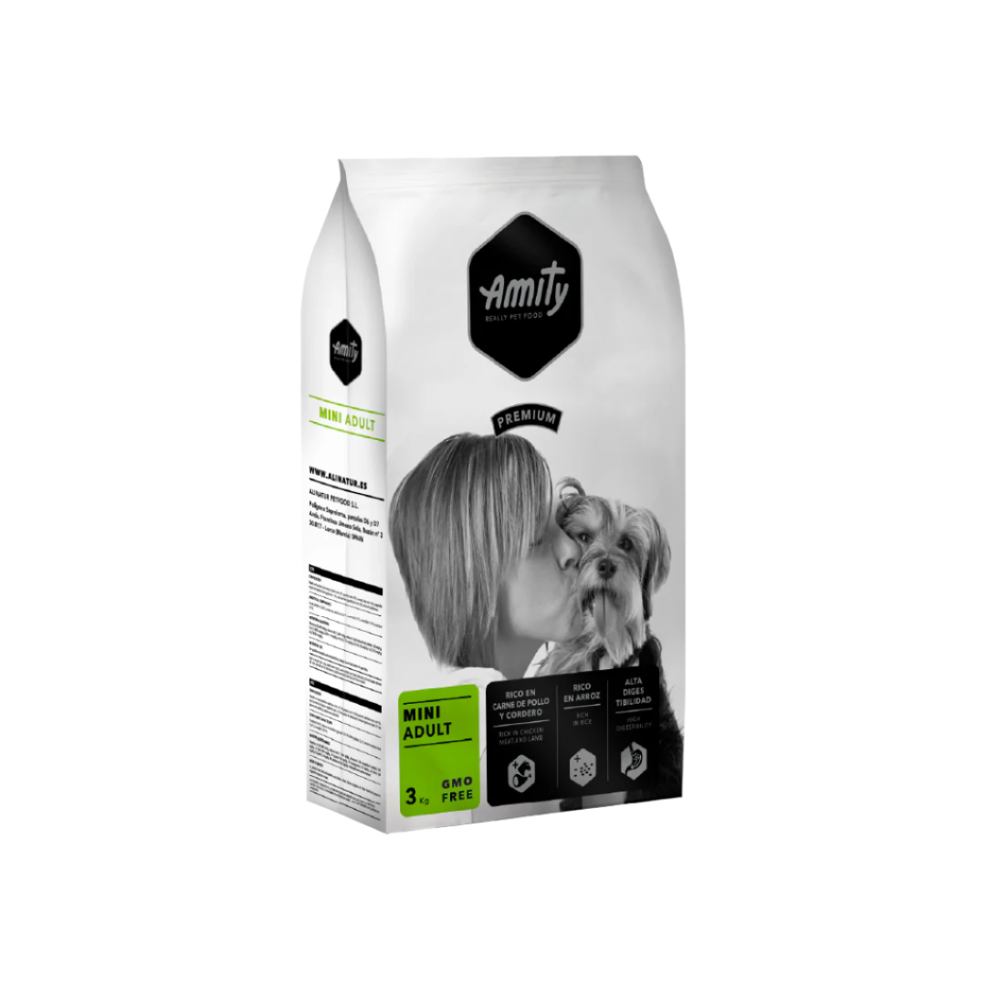 Amity dog food package for mini adults on a white background