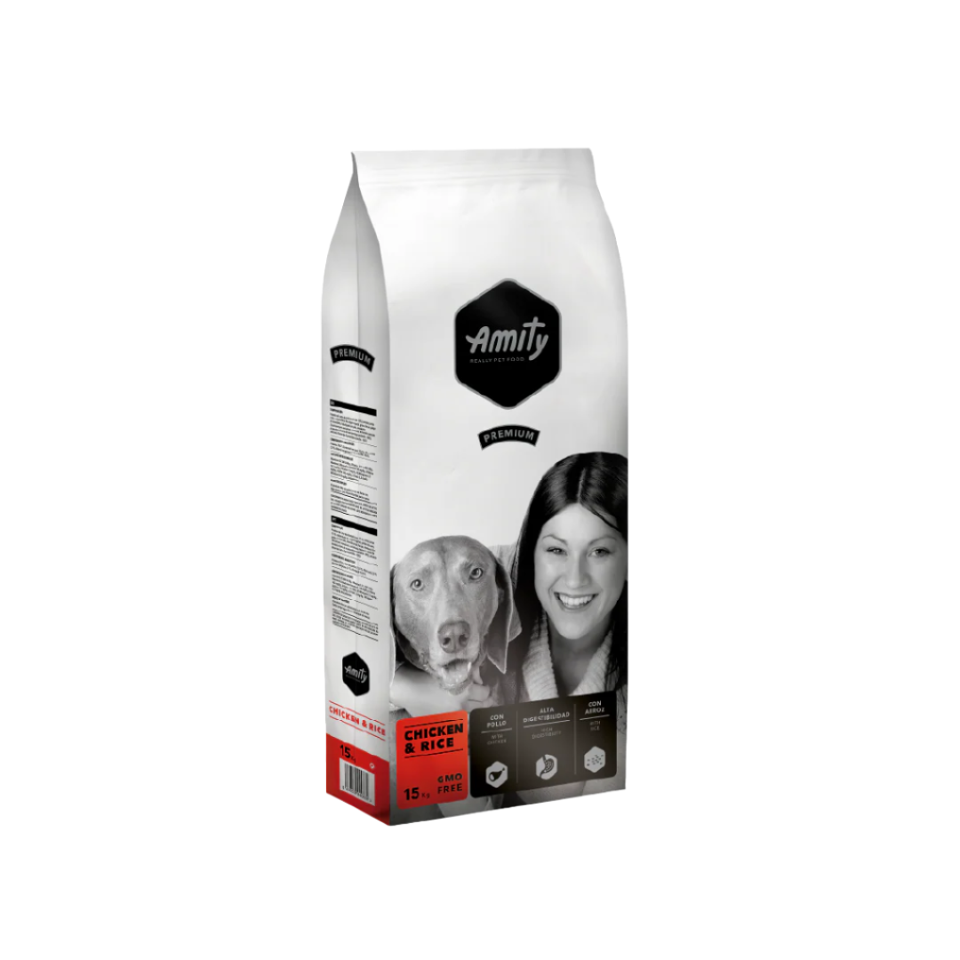 Amity dog food packaging with a woman and dog on the label