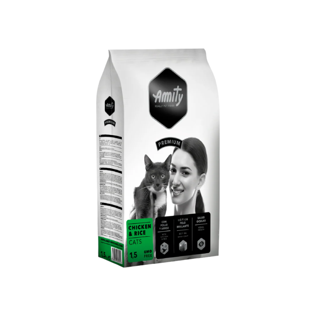 Amity cat food package with a woman and cat on the label