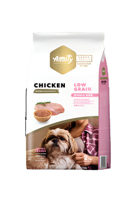 A package of Amity brand dog food with an image of a dog and a person holding the dog. The product is labeled as 'CHICKEN' and is described as low grain.