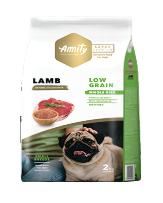 A package of Amity brand dog food with a picture of a dog and lamb pieces on the front. The product is labeled as 'LOW GRAIN' and includes a depiction of a dog and lamb.
