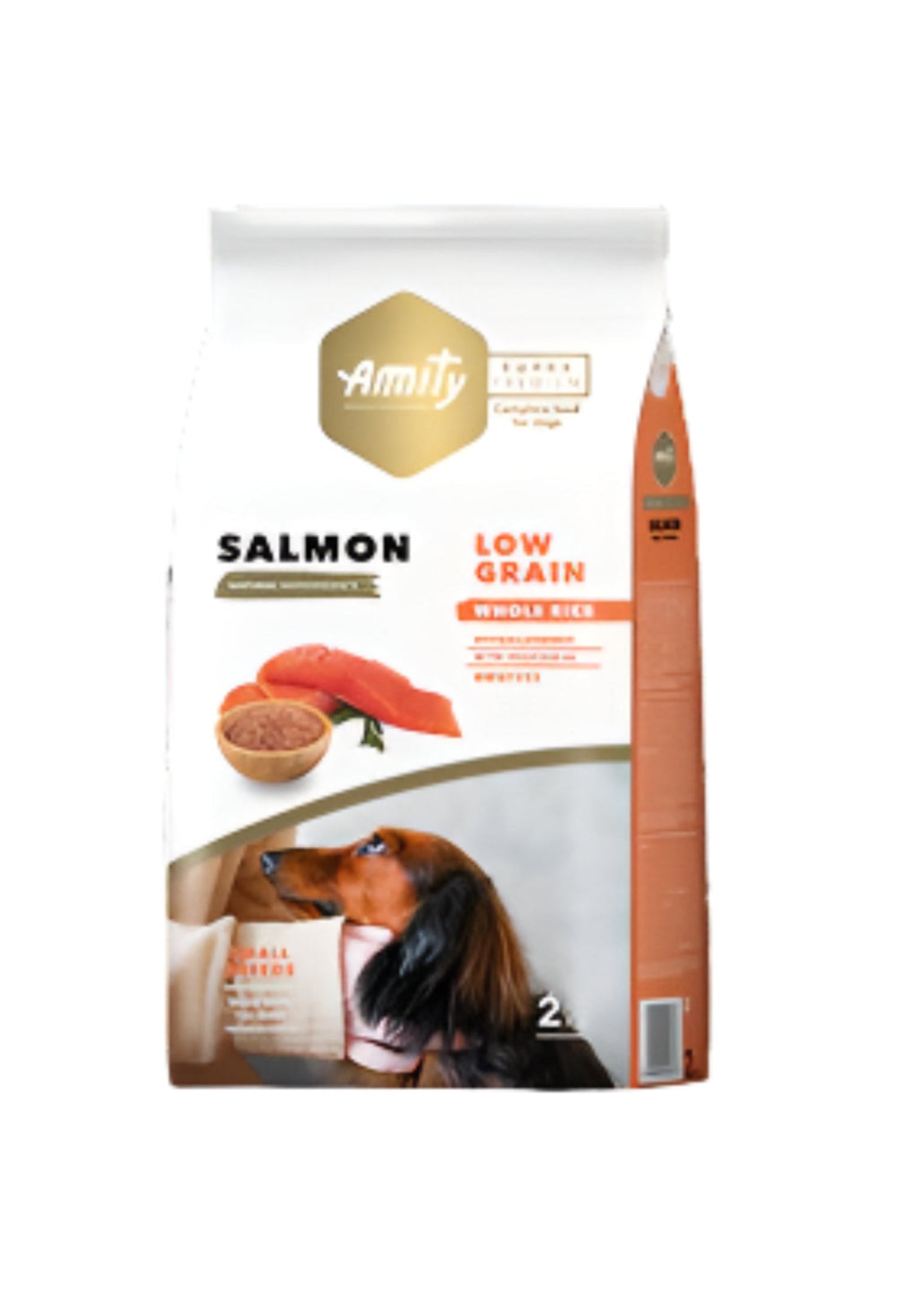 A package of AMITY brand low grain dog food with salmon, showing an image of the product and a dog on the front.