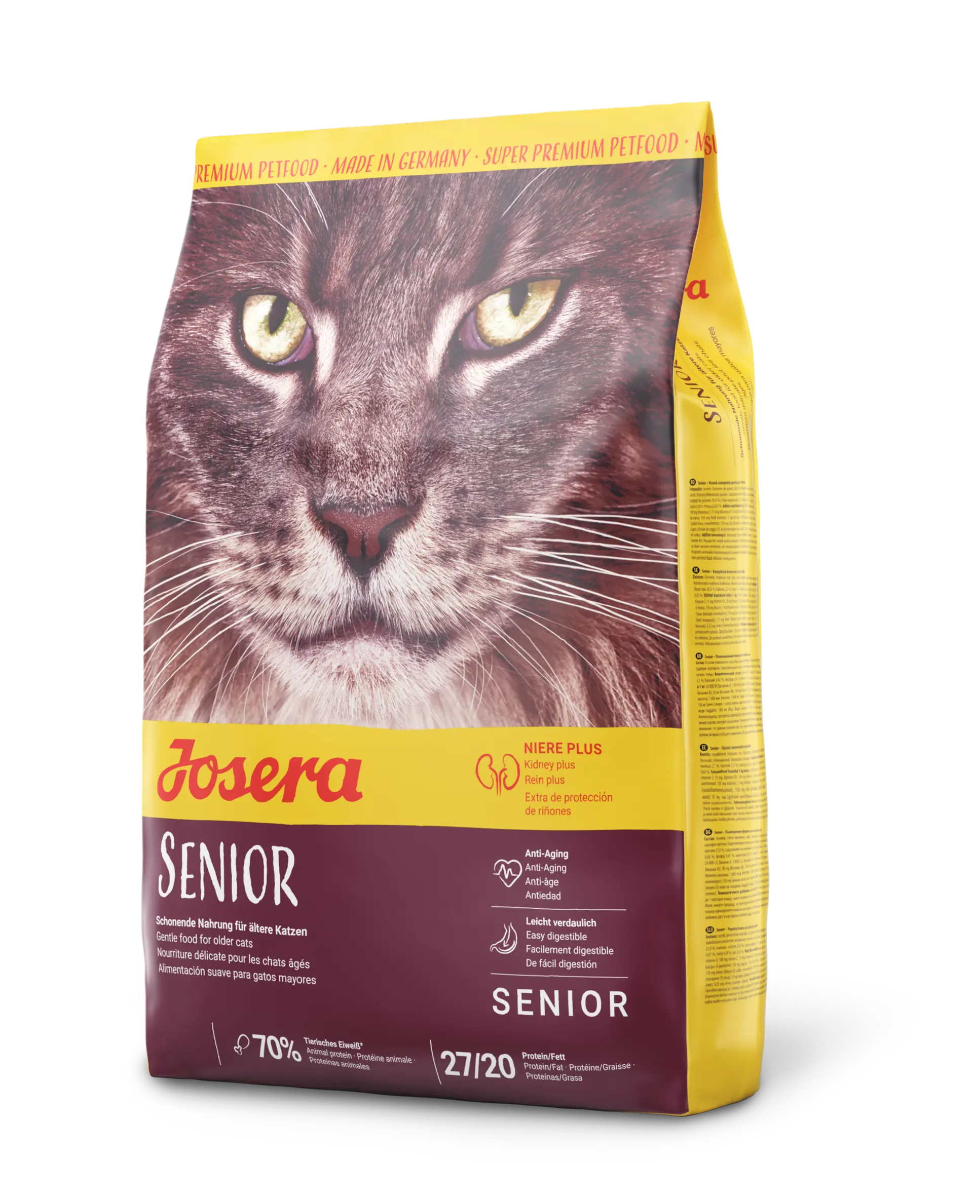 Josera Senior cat food packaging with a cat's face on the front.