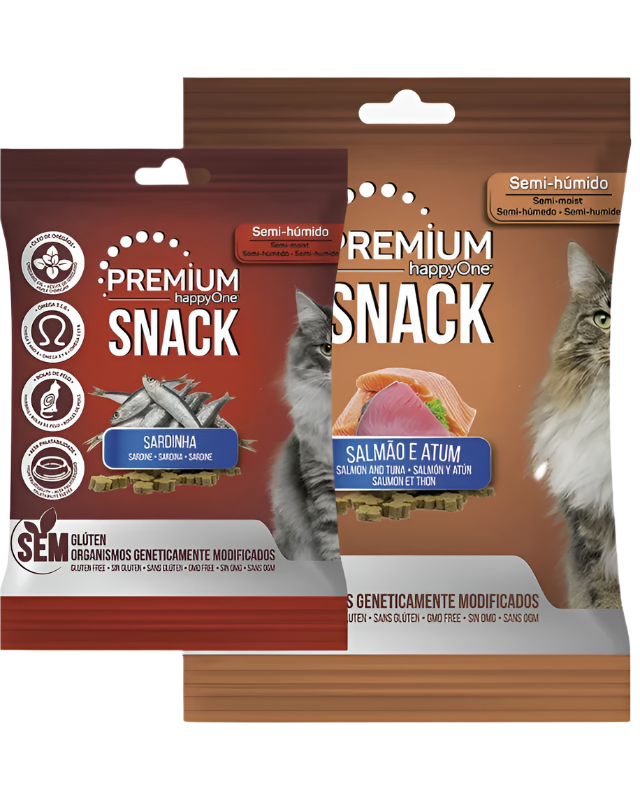 Two packages of 'Premium Snack' cat treats, one labeled with sardine and the other with salmon and tuna, both showing images of cats and product information.