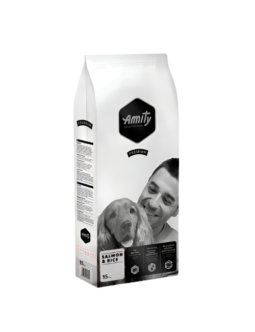 Amity dog food package with a man and dog on the label