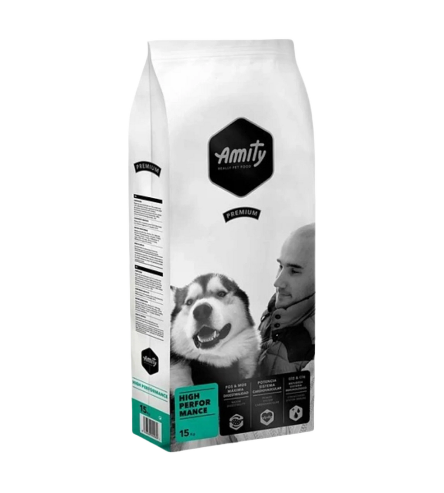 Amity dog food packaging with a man and dog on a white background