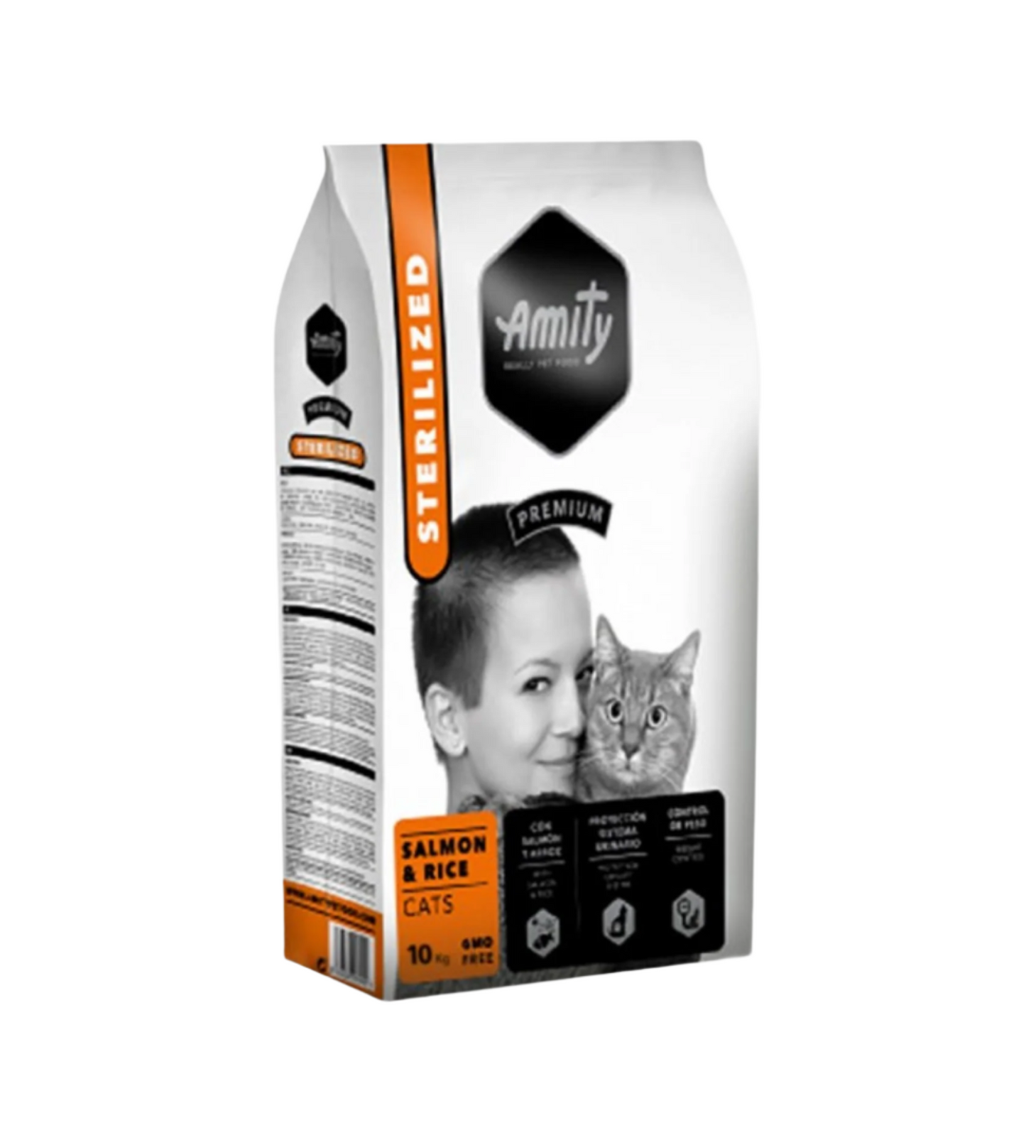 Amity sterilized cat food package with a child and cat illustration on a white background