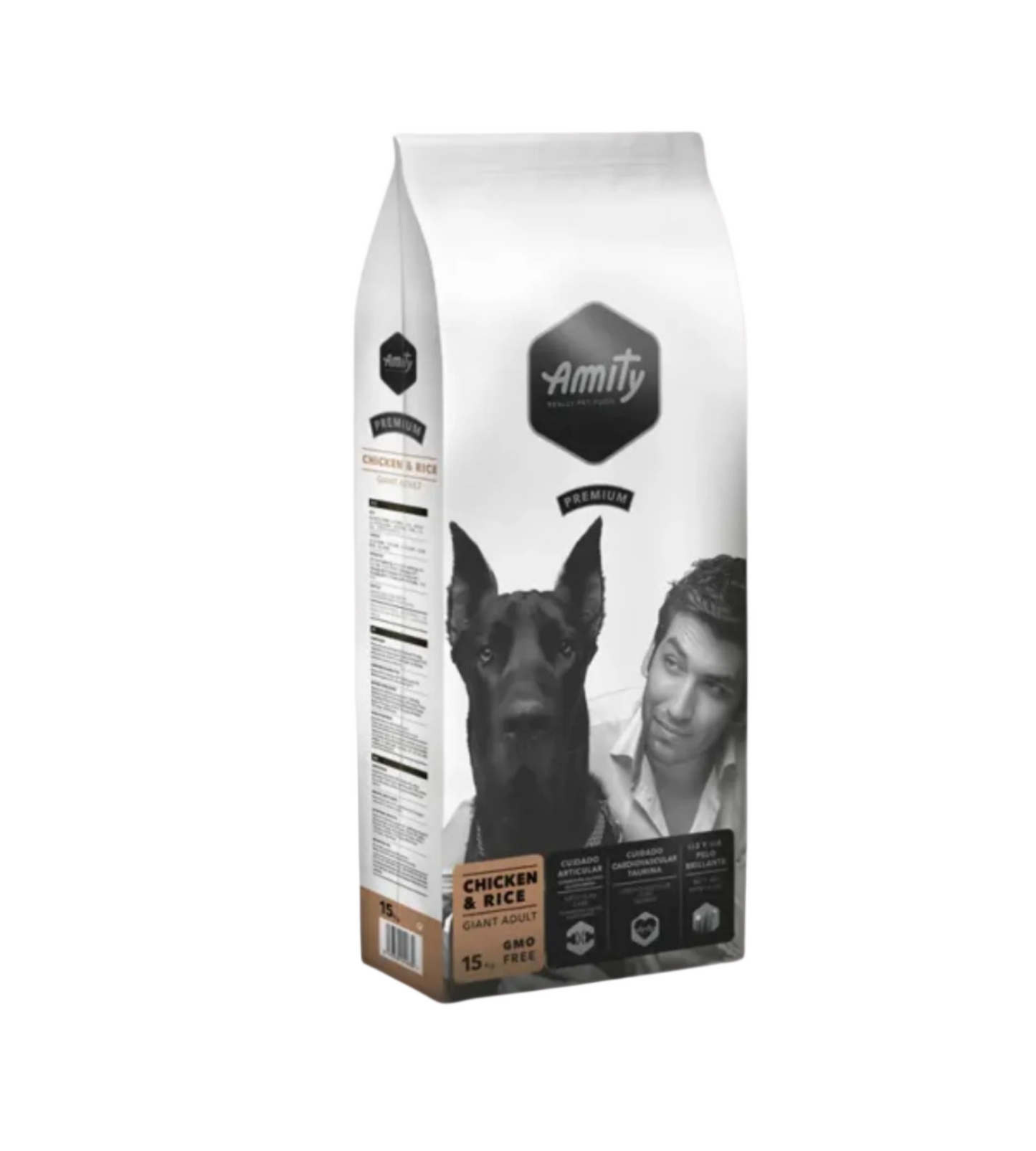 Amity dog food package with a dog and person on the label against a white background