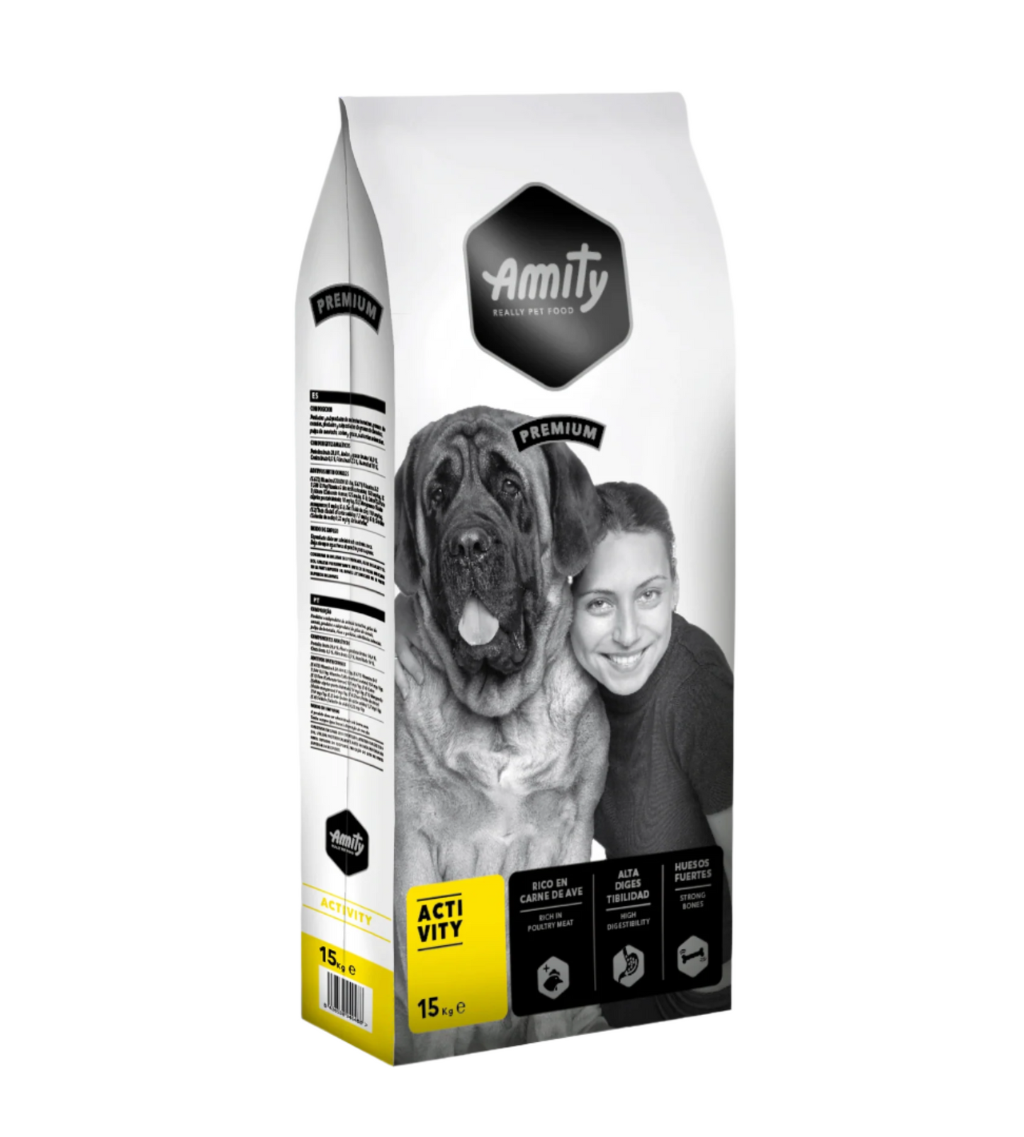 Amity dog food package with a woman and dog on the front
