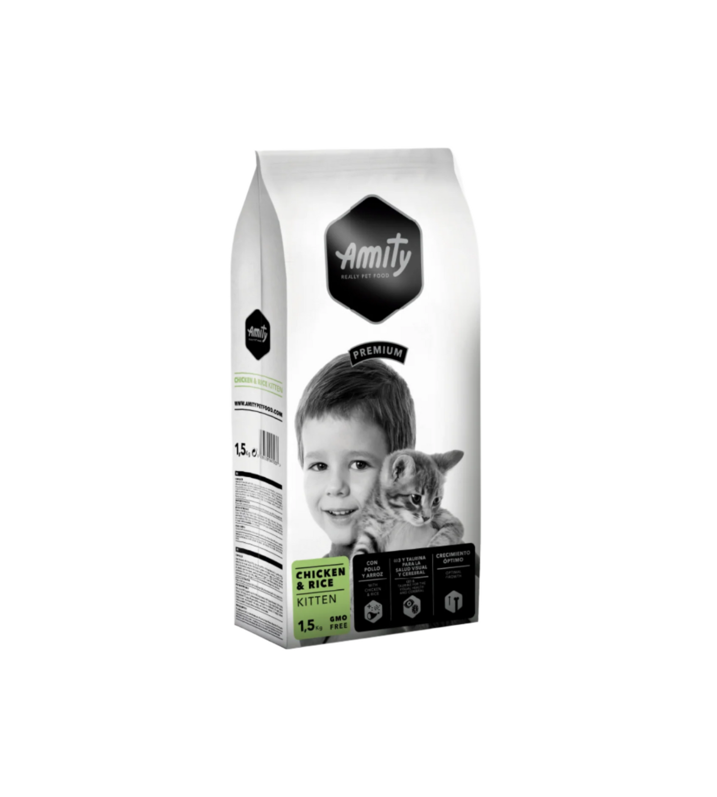 Amity kitten food packaging with a child and kitten illustration on a white background