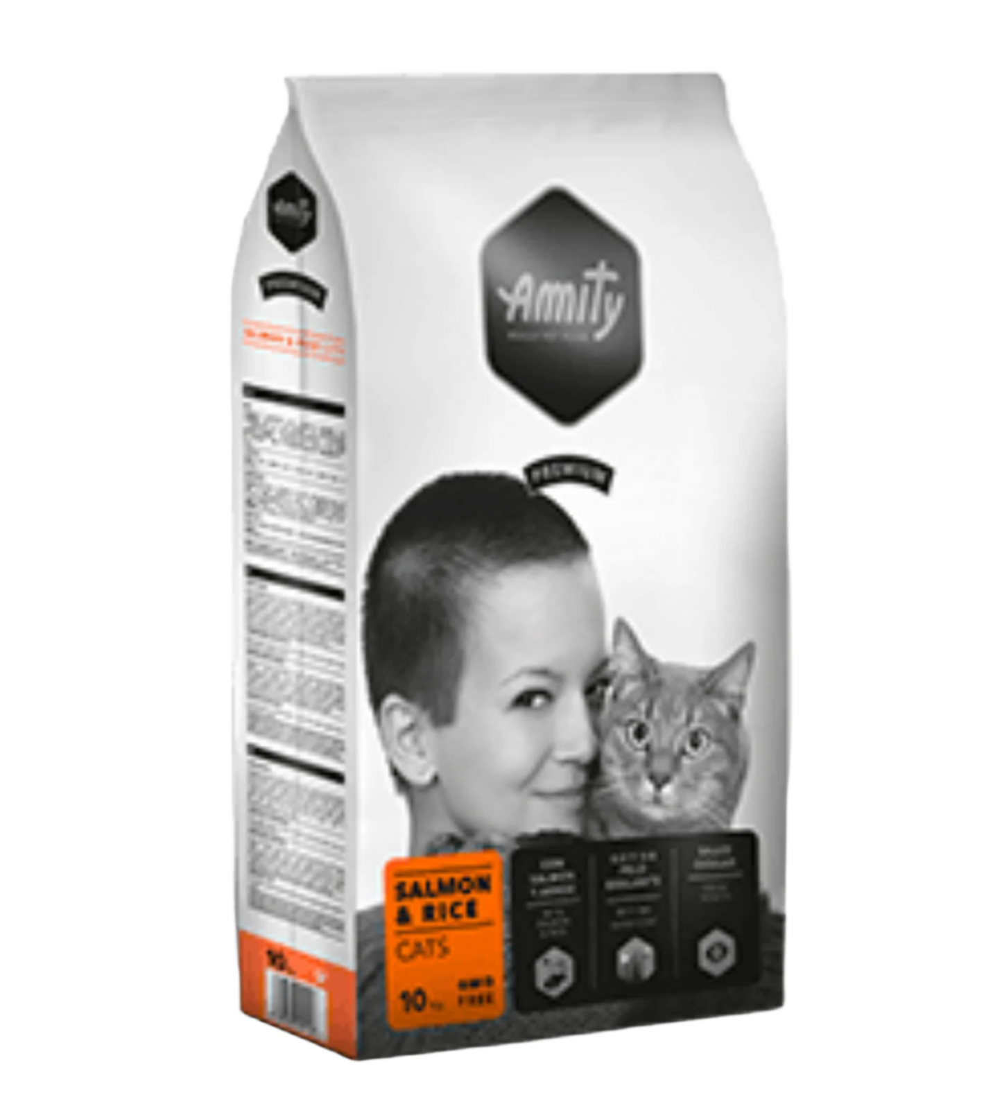 Amity cat food package with a person and cat on the label