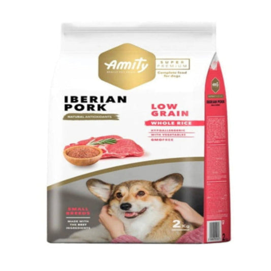 Amity Iberian Pork dog food package on a white background