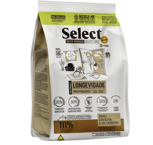 A package of Select brand dog food for Mini and Small Breed Senior Dogs, with an illustration of a dog and additional product details.