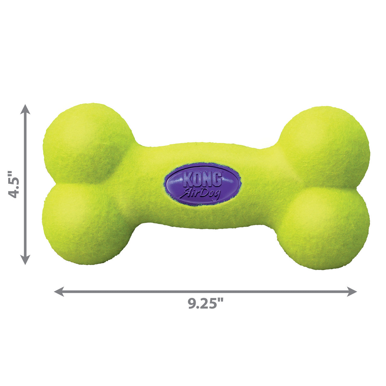 Green dog toy shaped like a bone with KONG branding, shown with measurements on a white background.