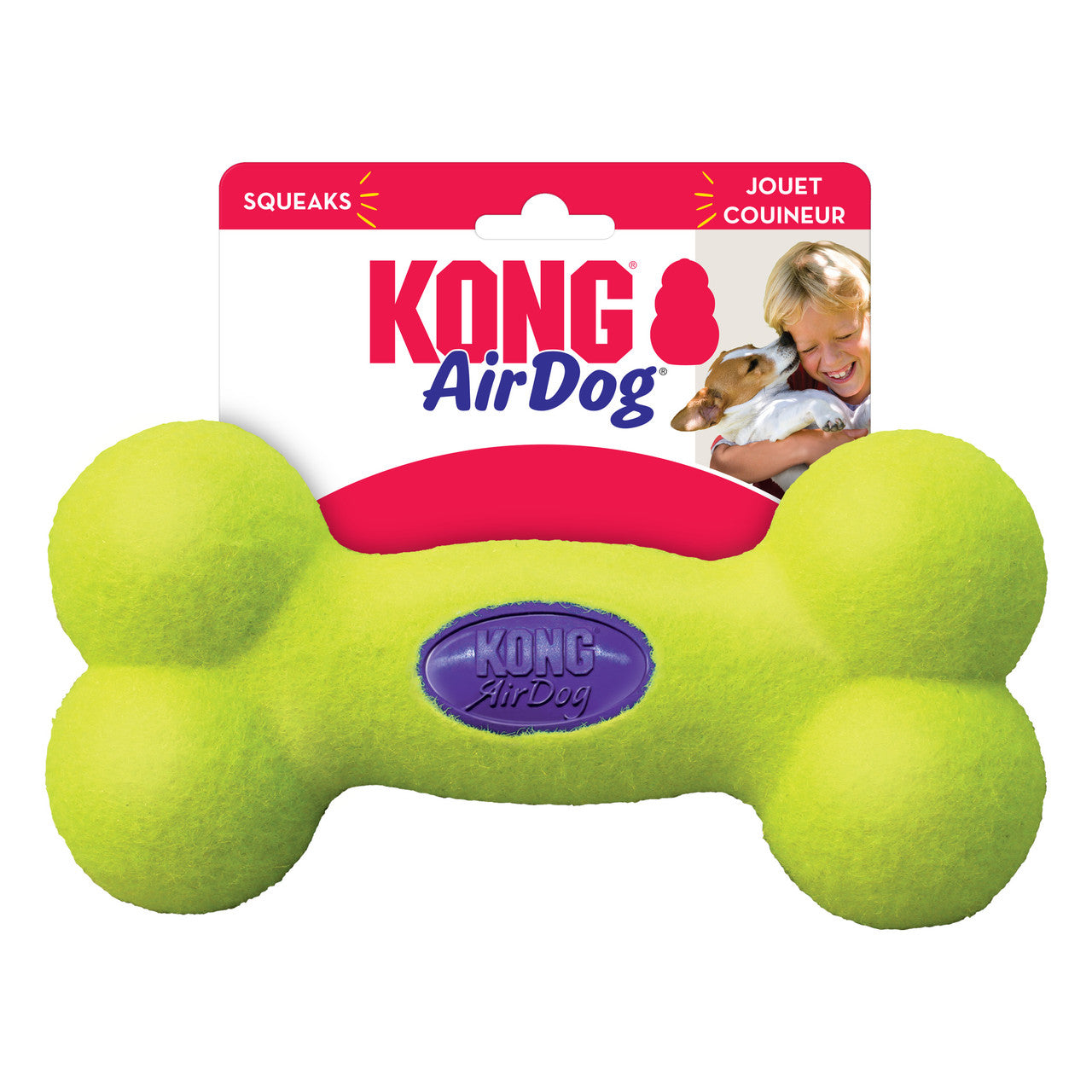 Green bone-shaped KONG AirDog toy with packaging on a white background