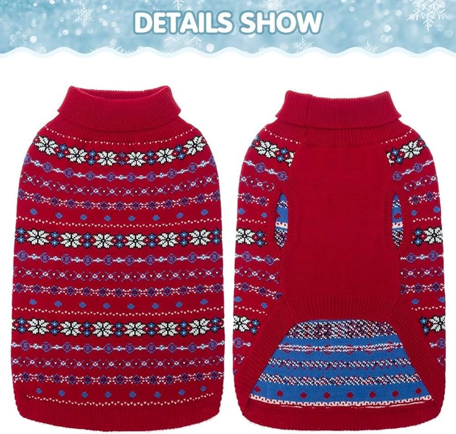 Red dog sweater with patterned design on a snowy background