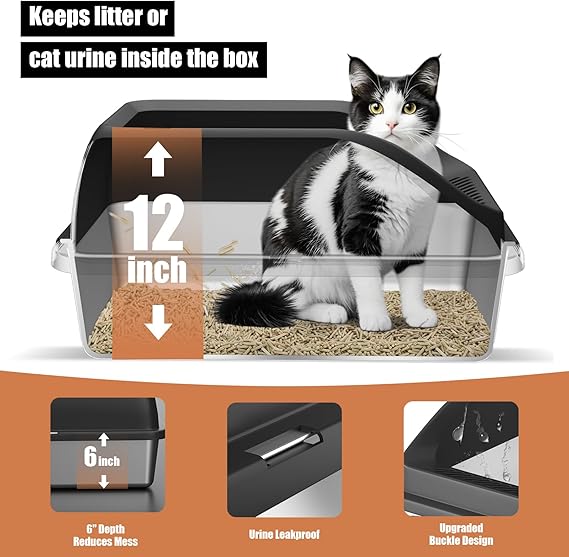 Cat standing inside a transparent litter box with text highlighting features.