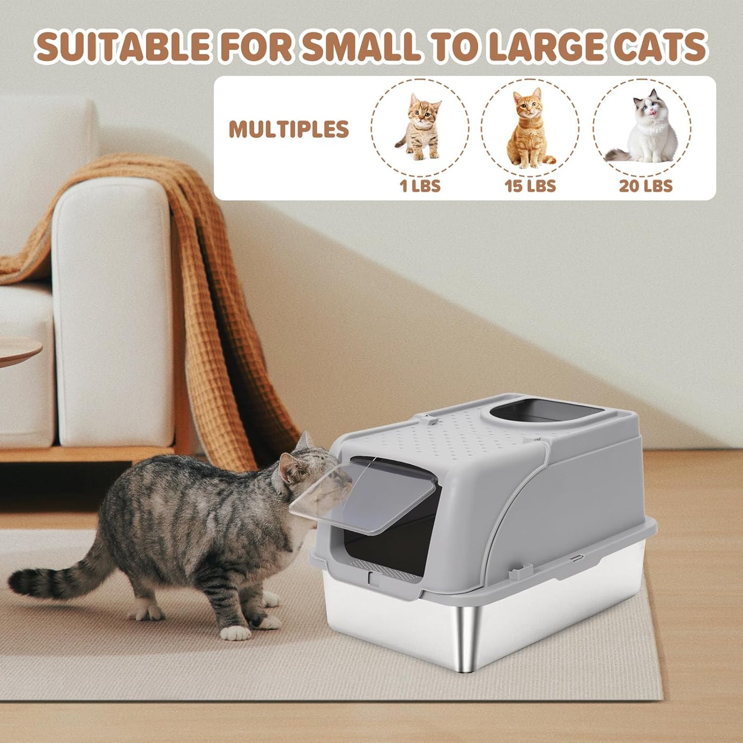 Fully Enclosed Stainless Steel Cat Litter Box with Lid – Odor Control & Easy Cleaning