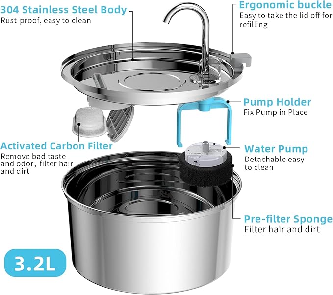 Cat Water Fountain, 3.2L/108oz Automatic Stainless Steel Pet Fountain Dog Water Dispenser, Ultra-Quiet Pump and 3 Replacement Filters & for Cats, Dogs, Multiple Pets