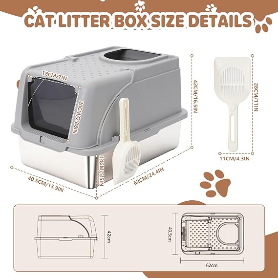 Fully Enclosed Stainless Steel Cat Litter Box with Lid – Odor Control & Easy Cleaning