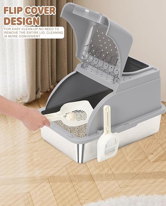Fully Enclosed Stainless Steel Cat Litter Box with Lid – Odor Control & Easy Cleaning