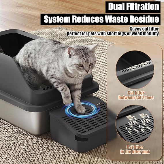 metal cat litter box with high sides and step