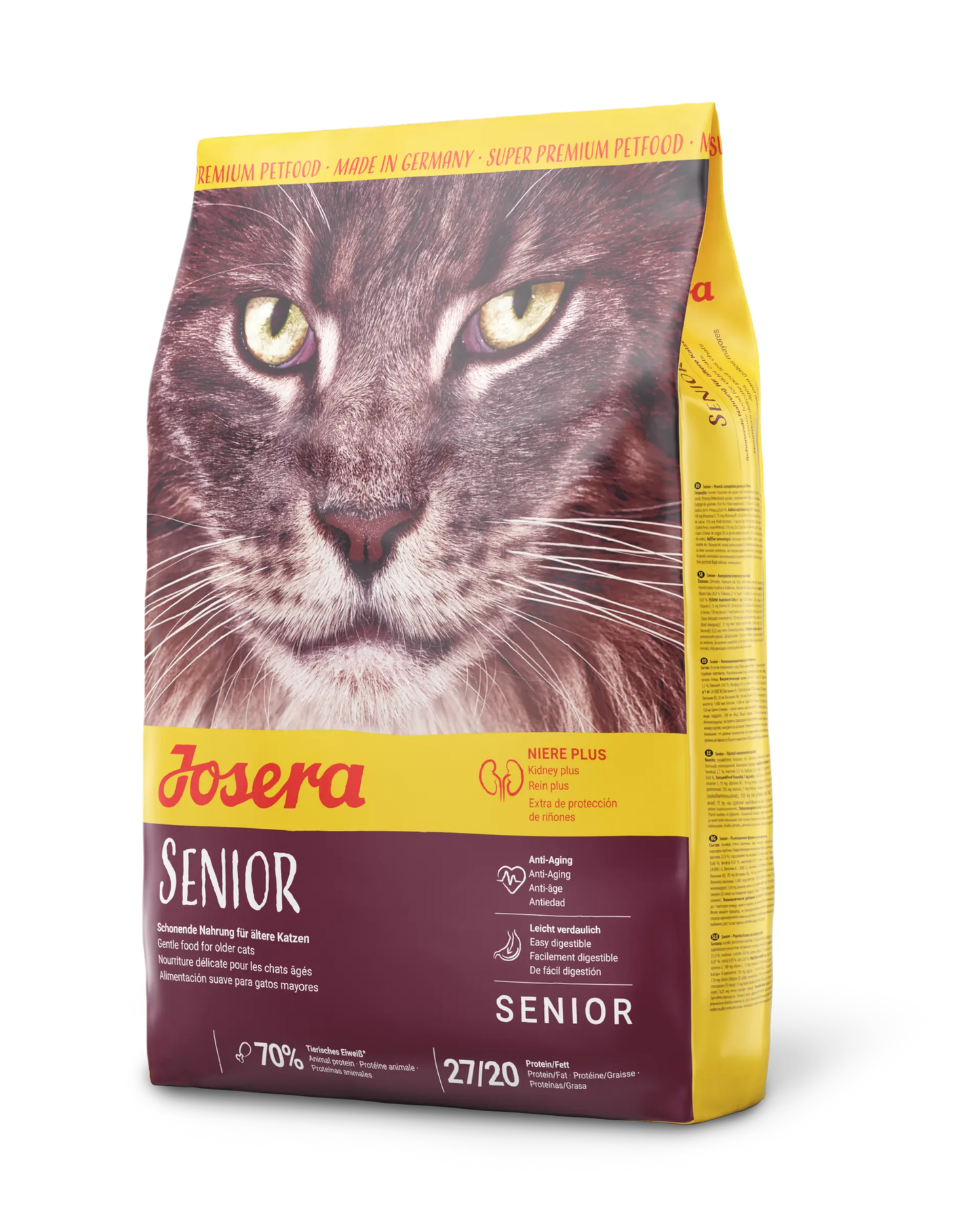 Josera Senior cat food packaging with a cat's face on the front.