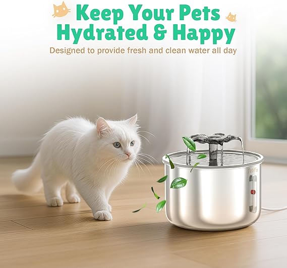 Cat drinking from stainless steel flower water fountain indoors