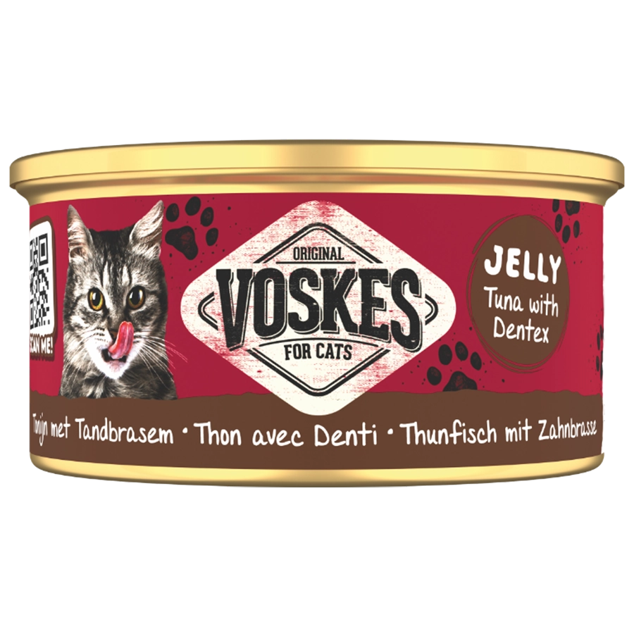 Cat food can with Voskes branding on a white background