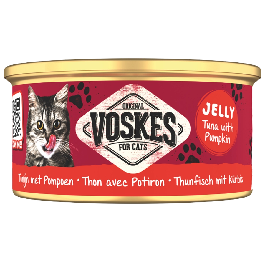 Voskes cat food can with red label and gold lid on a white background