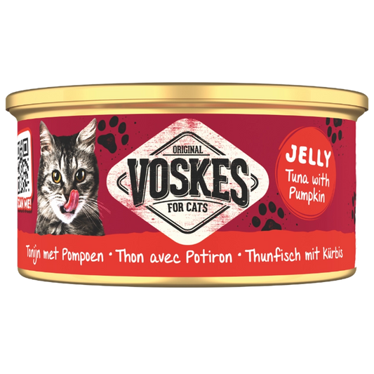 Voskes cat food can with red label and gold lid on a white background