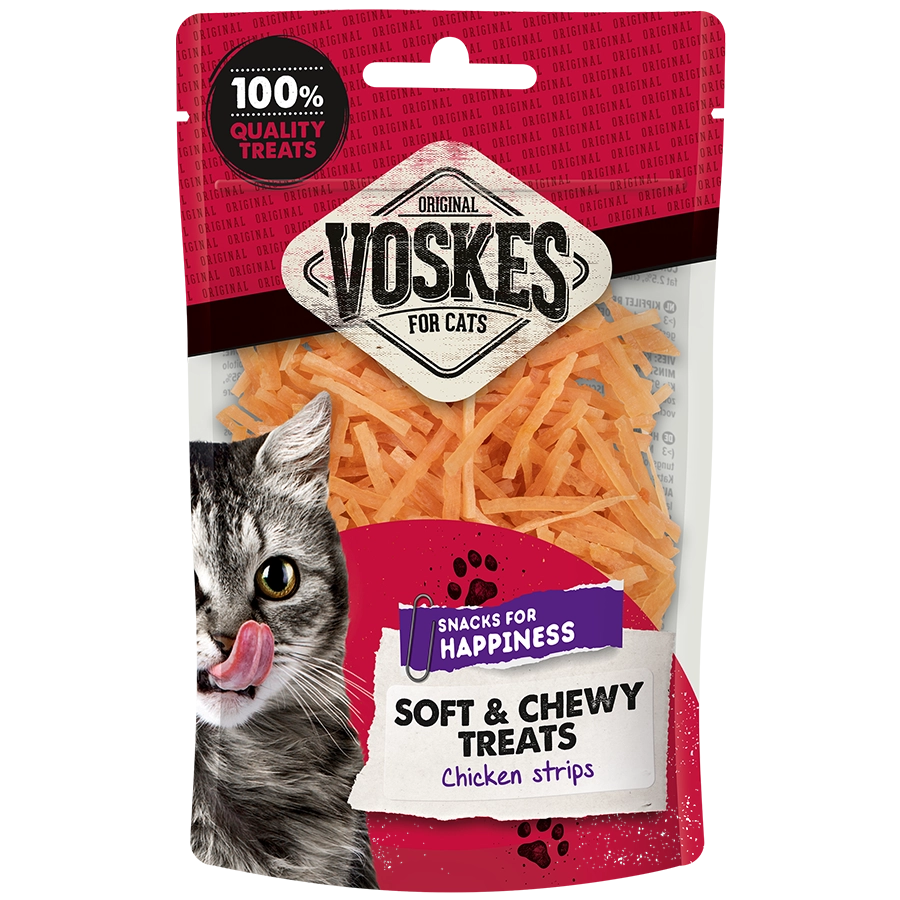Voskes cat treats packaging with a cat on the label