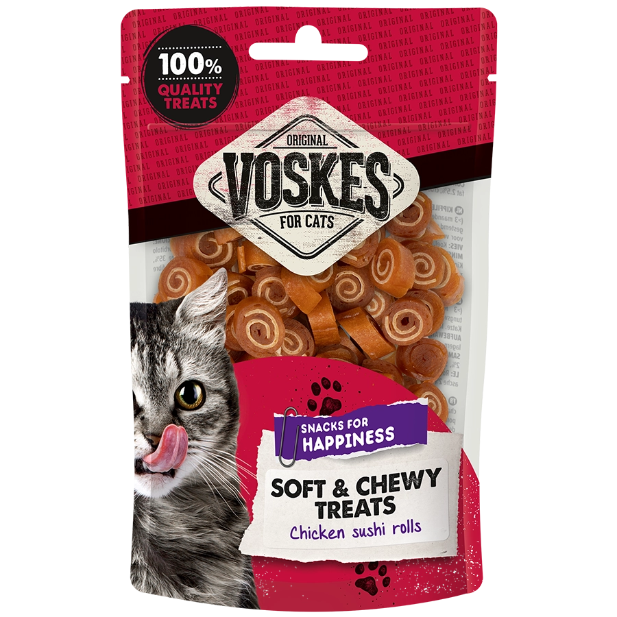 Voskes cat treats packaging with a cat on the front