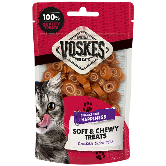 Voskes cat treats packaging with a cat on the front