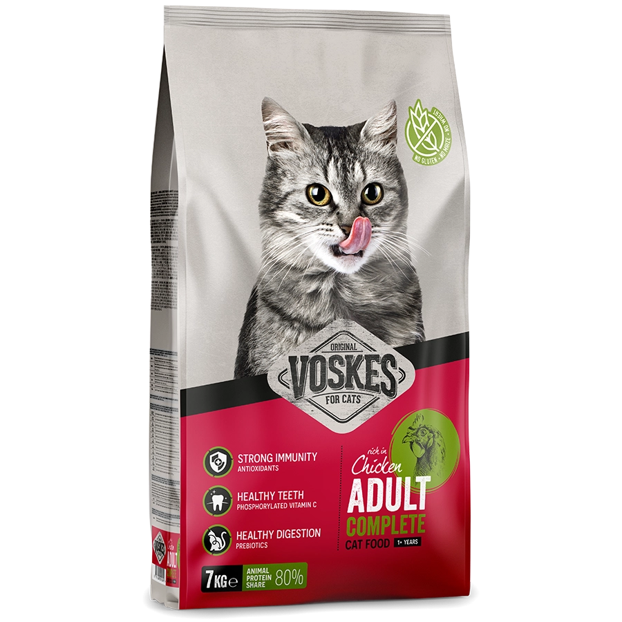 Voskes cat food package with a cat on the front on a white background