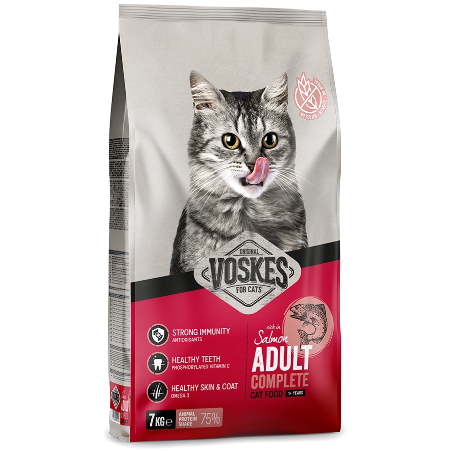 Voskes cat food package with a cat on the front on a white background