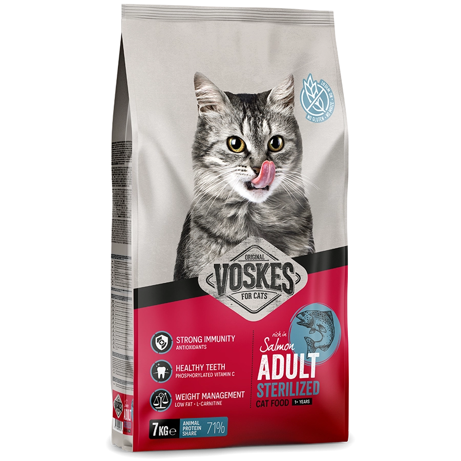 Voskes cat food package with a cat illustration on a white background