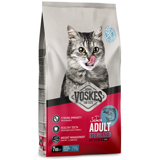 Voskes cat food package with a cat illustration on a white background