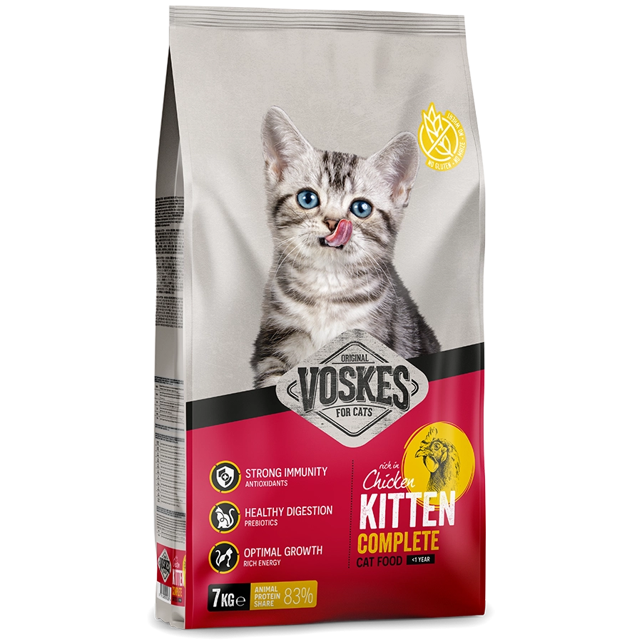 Voskes kitten complete cat food package with a kitten on the front