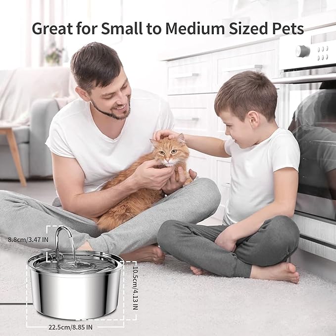 Man and child with a cat, featuring a pet water bowl with dimensions displayed.